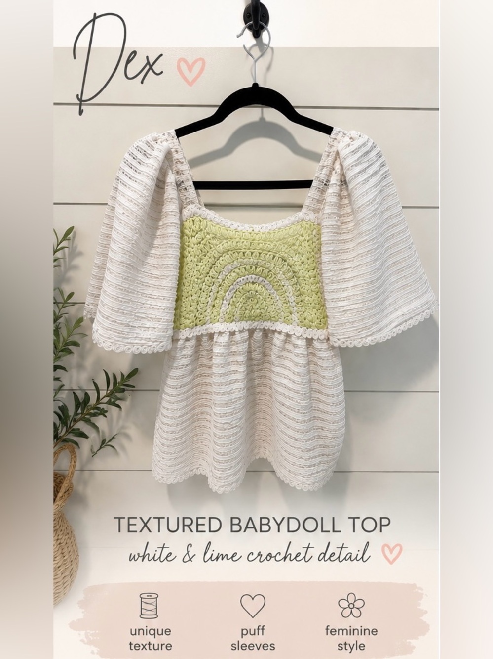 Dex White Top with Light Green Crochet Detail